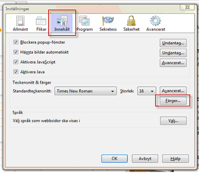 Bilden visar vart du hittar Innehåll och sen knappen Färger Bilden visar vart du hittar Innehåll och sen knappen Färger