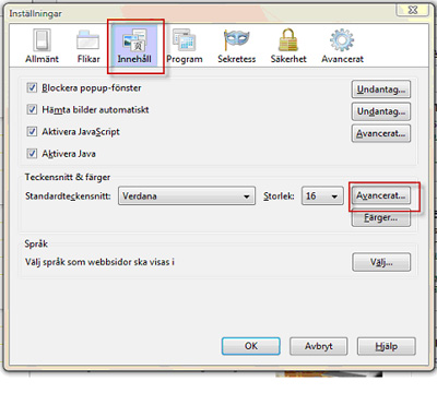 Klicka på fliken för Innehåll högst upp och sedan på knappen Avancerat: Klicka på fliken för Innehåll högst upp och sedan på knappen Avancerat