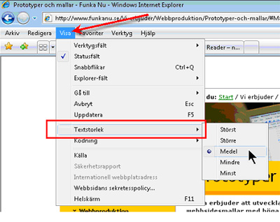 Under IE 6 finns inställningarna under Visa Under IE 6 finns inställningarna under Visa