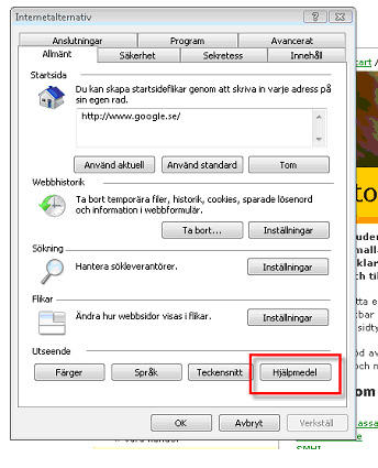 Bilden visar vart du hittar knappen "Hjälpmedel" Bilden visar vart du hittar knappen "Hjälpmedel"